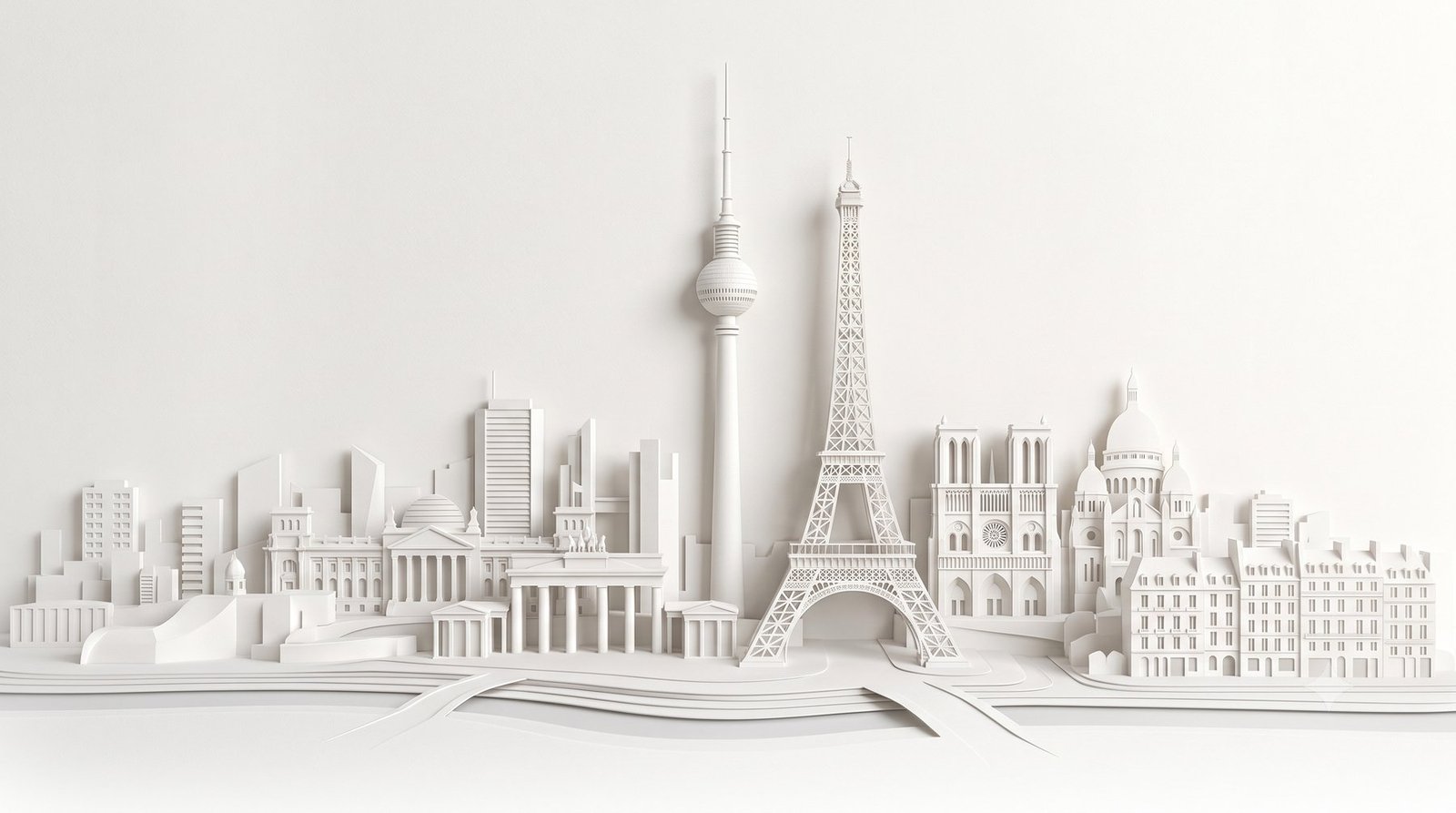 Papierkunst-Skyline mit Fernsehturm und Eiffelturm, stellvertretend für Berlin und Paris